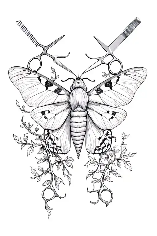 Moth With Vines And Hair Scissors And Comb