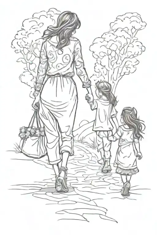 Woman And Little Girl Walking Hand In Hand