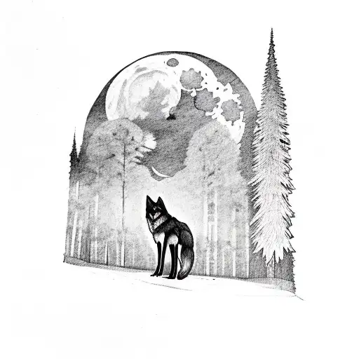 Wolf Standing At Lake In Front Of A Forest With A Full Moon