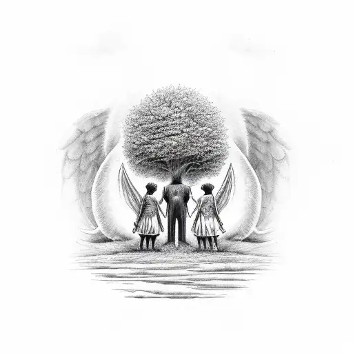 A Demon And Angel Embracing Under A Tree Of Life