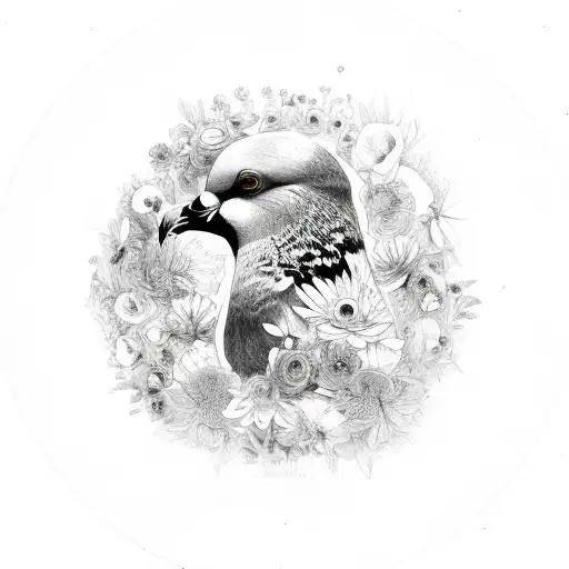 Head Of A Pigeon In A Circle Of Flowers