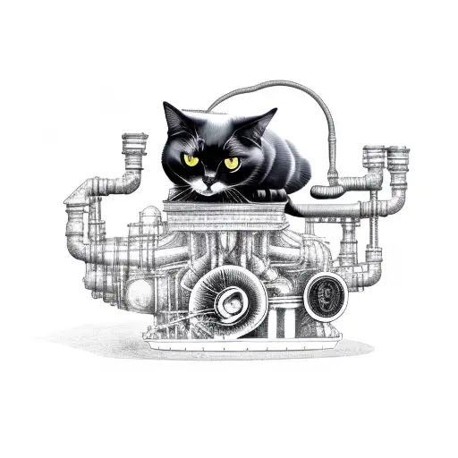 Black House Cat Sitting On A Car Engine