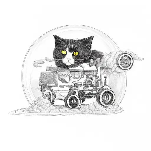 Black House Cat Ridding A V8 With Wheels Doing A Big Smokey Burn Out In A Cartoon Style