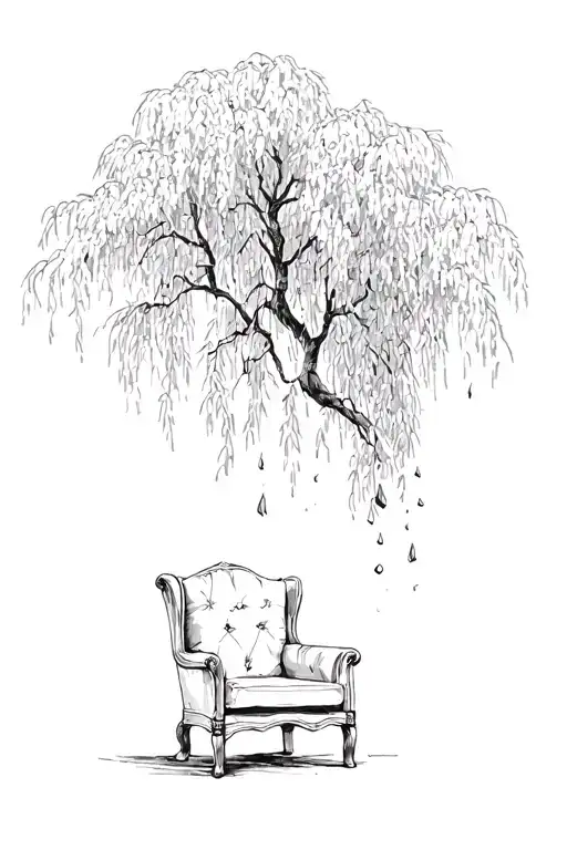 Armchair Under And To The Right Of A Willow Tree With Ash Falling In The Air