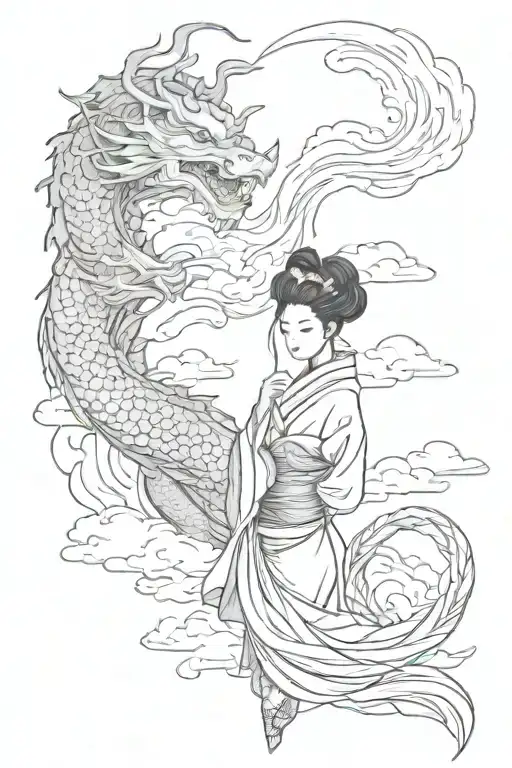 Japanese Geisha With Scary Dragon Wrapped And Traditional Eastern Clouds Around It