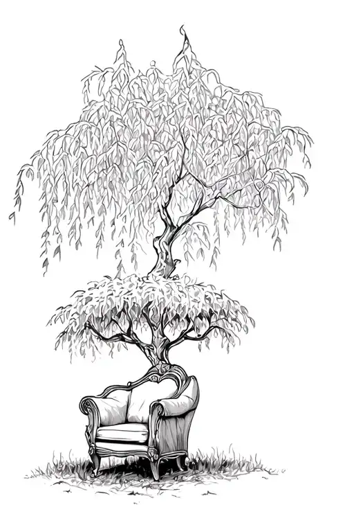 Armchair Under The Shadow Of A Willow Tree With Firelight
