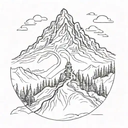 A Sketch Style Tattoo Of A Mountain Peak With A Winding Hiking Trail Leading To The Top