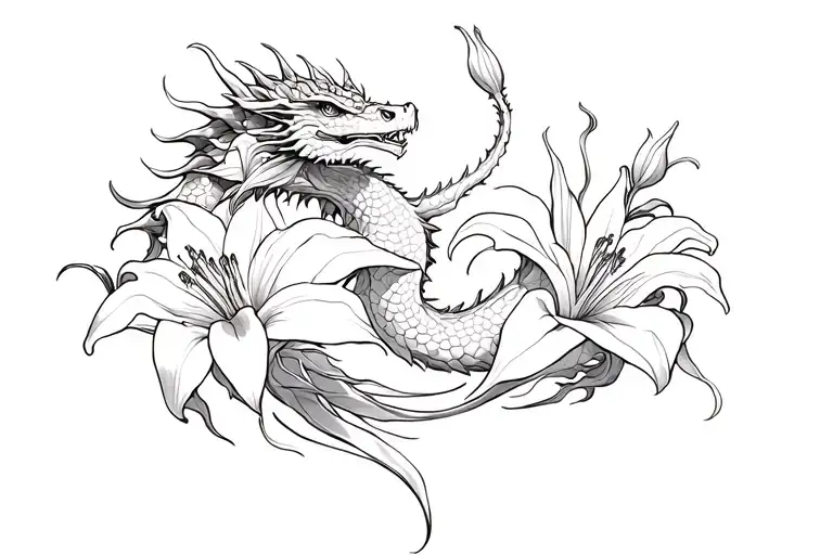 Collarbone Tattoo Of A Dragon And Lillies
