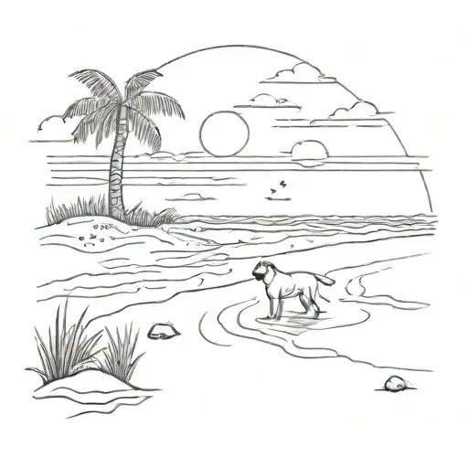 A Serene Beach Landscape With A Dog Playing In The Sand Under A Sunset Sky