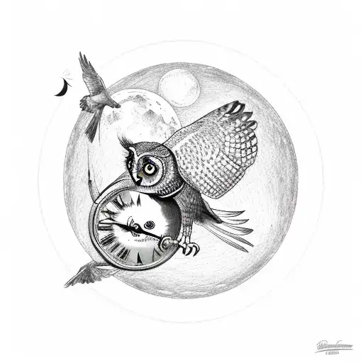 Bubo Virginianus Owl Flying With Open Wings On A Full Moon Night Holding A Clock
