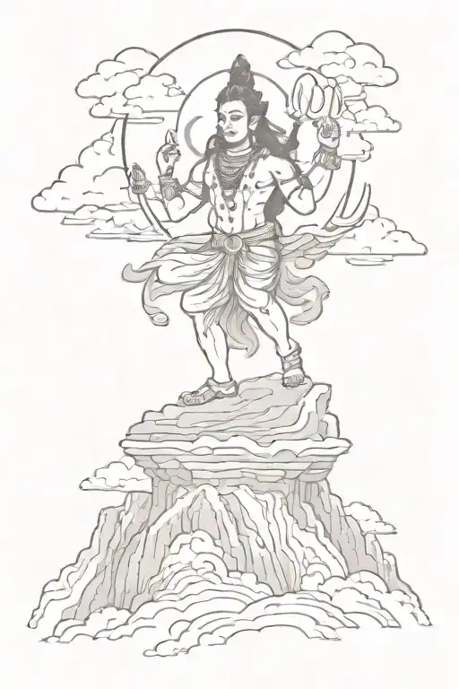 A Sketch-style Tattoo Of Shiva Dancing On A Mountain Peak Surrounded By Clouds