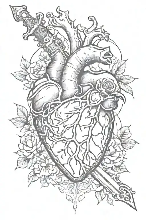 An Anatomical Heart With A Sword Piercing Through It