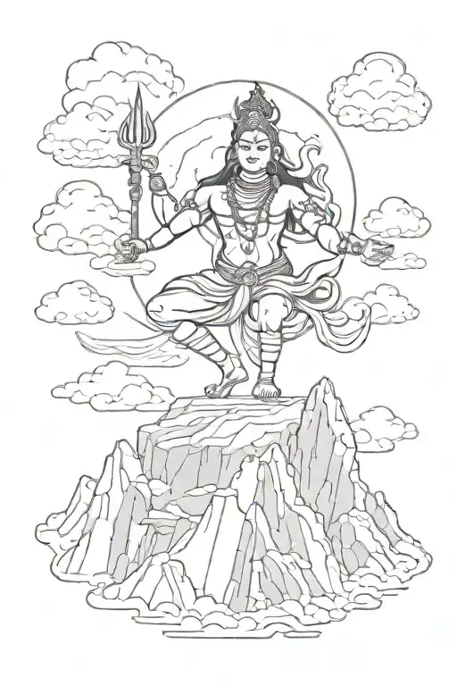 A Sketch-style Tattoo Of Shiva Dancing On A Mountain Peak Surrounded By Clouds