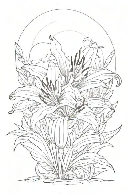 A Serene Sunset Scene With A Fire Lily Blooming In The Foreground