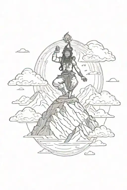 A Sketch-style Tattoo Of Shiva Dancing On A Mountain Peak Surrounded By Clouds
