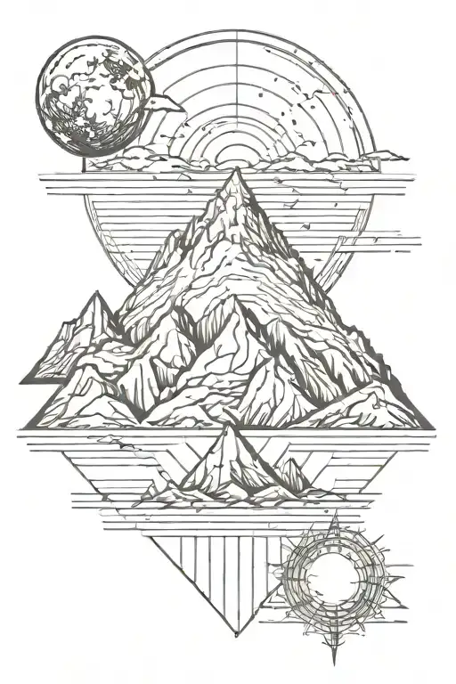 Single Mountain And Moon Surrounded By Straight Vertical Lines
