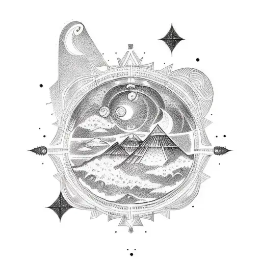 A Dotwork Tattoo Of A Celestial Scene With Egyptian Symbols And Constellations