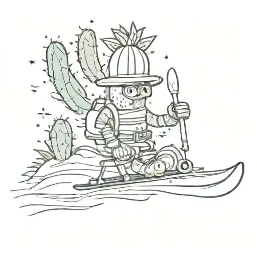 Manlike Cartoon Cactus On Skis Instead