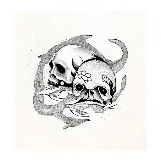 Koi Fish With Two Skulls And Sakura Tree