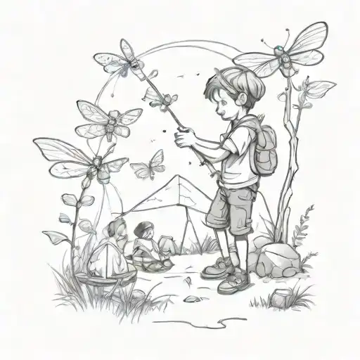 A Whimsical Scene Of A Boy Playing With Dragonflies In A Camping Setting