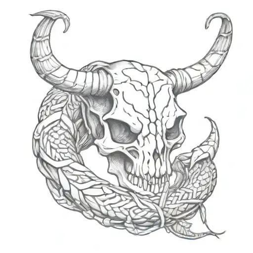 Bull Skull With Snake Wrapping Around It Gently