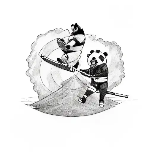 A Sketch-style Tattoo Of A Wrestler Performing A High-flying Move With A Panda Bear As The Referee