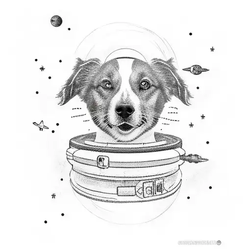 A Minimalist Tattoo Of A Dog Floating In Space With A Spaceship Collar