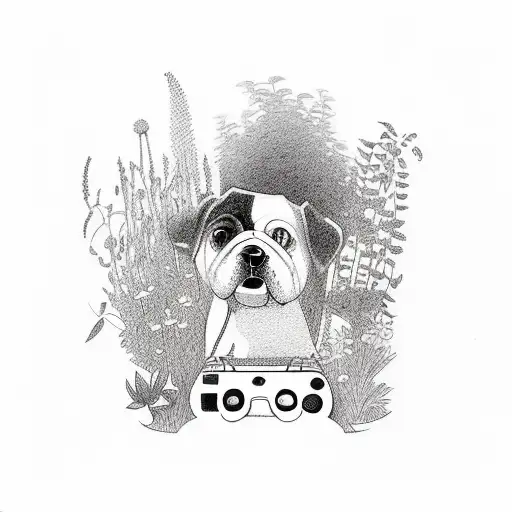 A Dog Playing Video Games While Surrounded By A Garden Of Plants