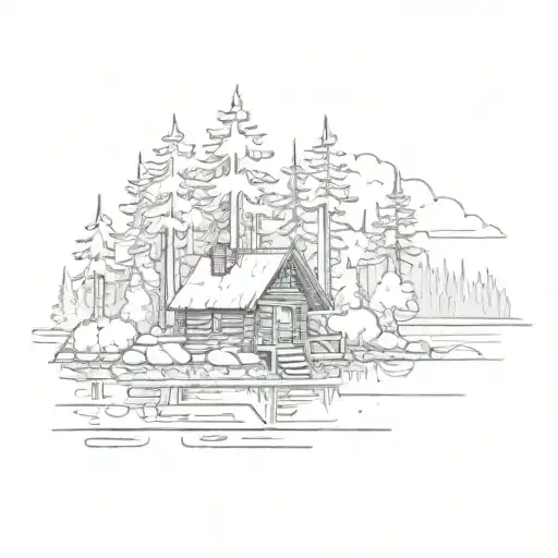 A Cozy Cabin Nestled Among Tall Pine Trees With A Peaceful Lake In The Background