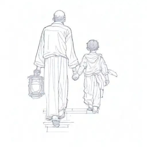 Father And His Son Walking Up A Set Of Stairs To Reach The Sky Door Of Heaven