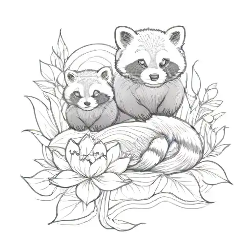 Otter And Red Panda Swimming Around A Lotus