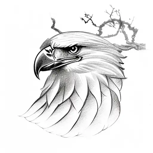 A Sketch Of A Badass Eagle Perched On A Branch Adorned With Elegant Japanese Lanterns