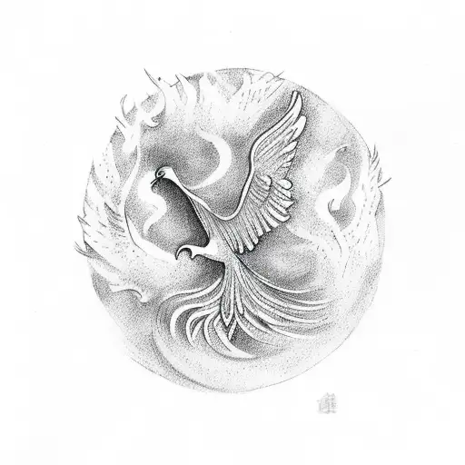 Phoenix And Tree Of Life With Falling Angel And A White Dove