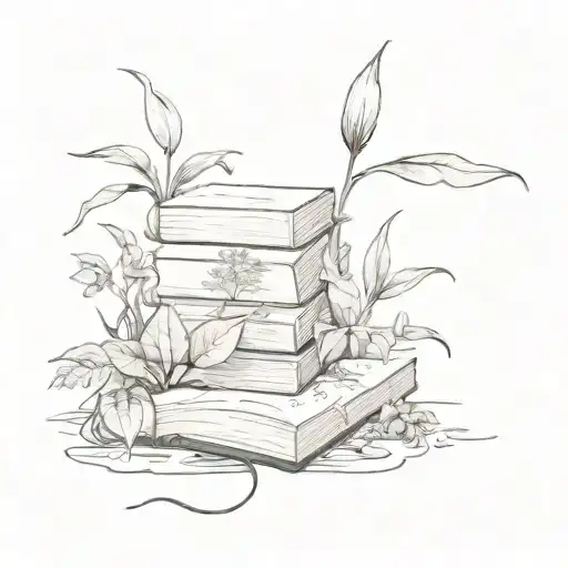A Botanical Illustration Of A Rare Plant Species Intertwined With Books And A Flowing River