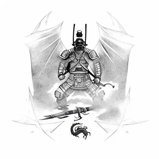 Samurai Wearing A Gas Mask Cutting A Dragons Head With A Dark Katana