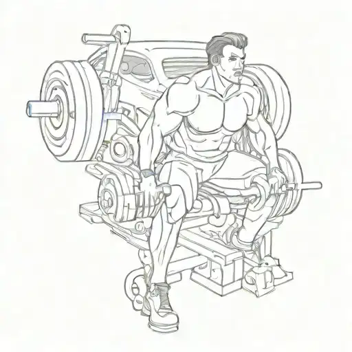 Create A Sketch-style Tattoo Of A Weightlifting Engineer Working On A Muscle Car