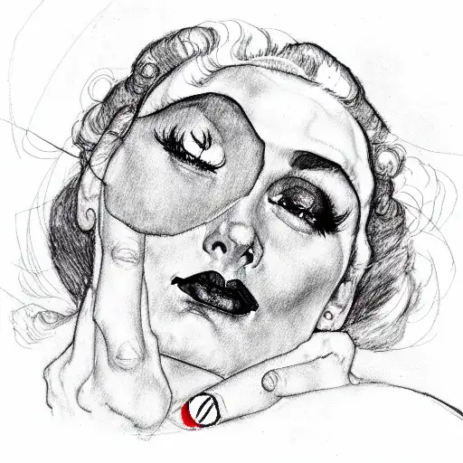 Old Hollywood Actress With Black Hair And Red Lipstick Painted By Egon Schiele