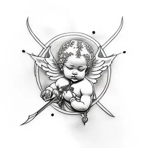 Small Simple Traditional Style Tattoo Of A Cherub With A Sword And A Halo In Black And White