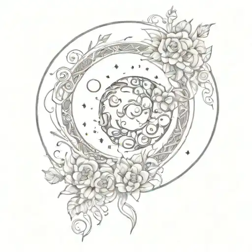 A Sketch Tattoo Of A Moon Surrounded By Intricate Floral Patterns