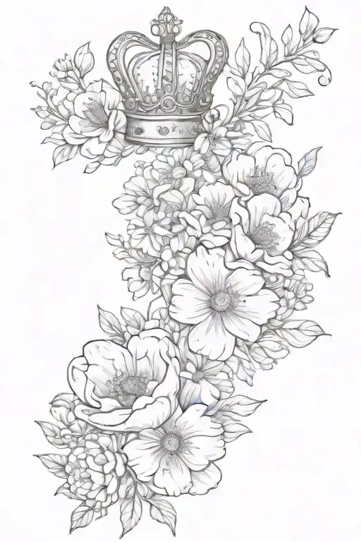 Crown And Buttercup Flowers Line Drawing Style