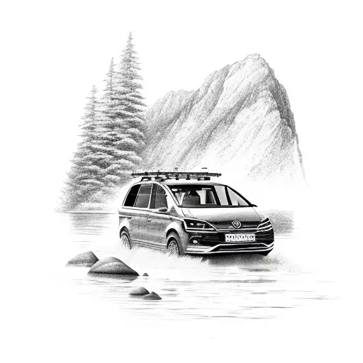A Red Volkswagen Sharan Driving Through A River With Mountains In The Background