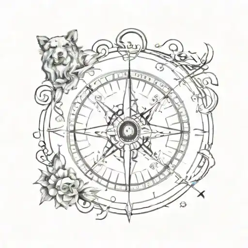 A Sketch Tattoo Of A Compass With Music Notes And A Dog Paw Print