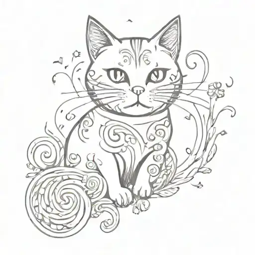 An Anime-style Tattoo Of A Magical Singing Cat Surrounded By Swirling Patterns And Nature Elements