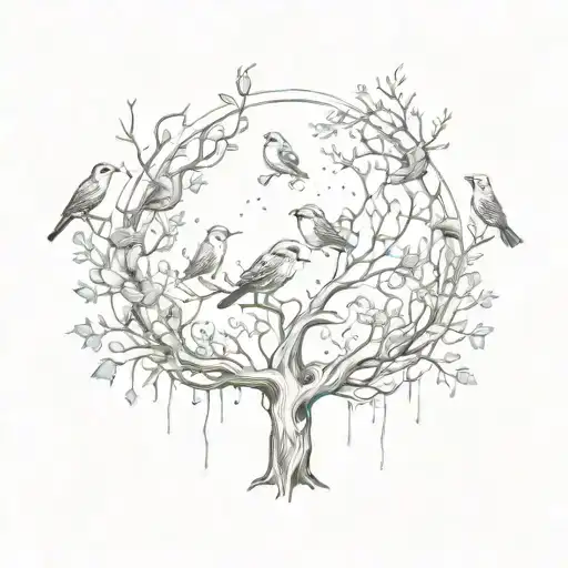 A Mystical Forest With Birds And Flowers Intertwined In A Sketch Style