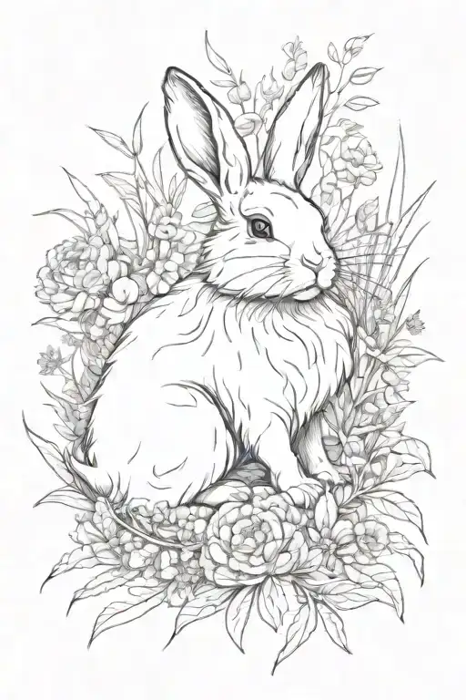A Black Lionhead Bunny Nestled Among A Bed Of Wild Flowers And Pine Needles