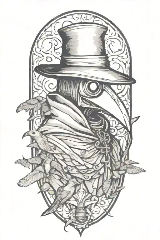 Plague Doctor And Moths In A Woodcut Style Mixed Blackwork And A Background In A Grafitti Style