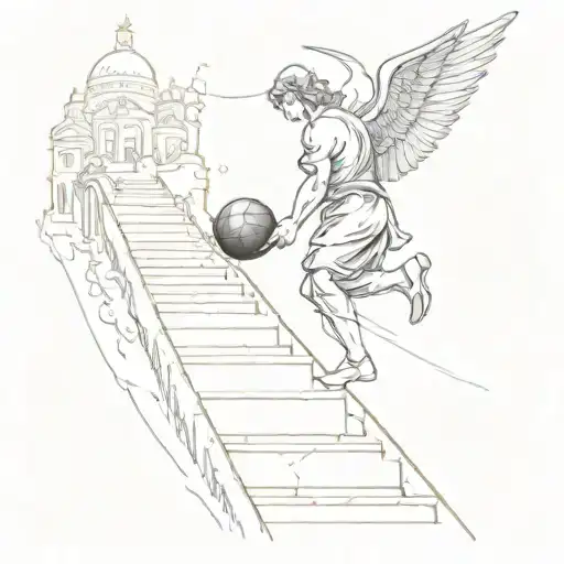Angel Walking Up On Stairs To Heaven With A Football In Hand