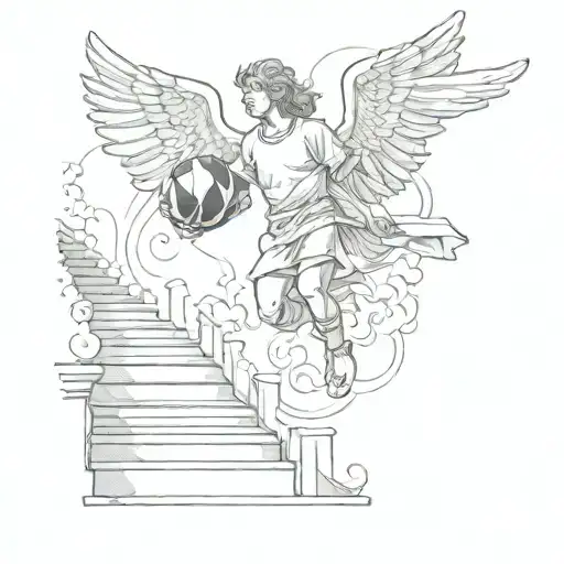 Angel With A Football Walking Up On Stairs To Heaven