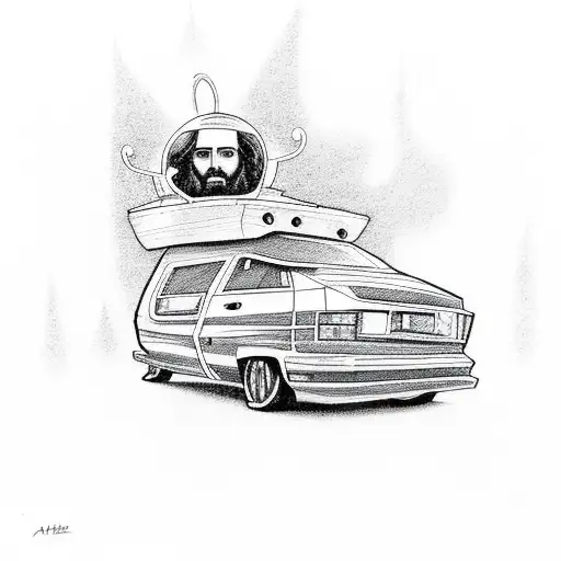 Jesus Driving An Astrovan That Is Primarily White With Red Accent