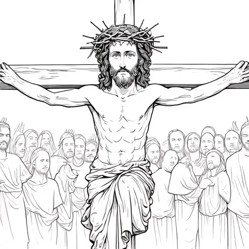 Jesus Wearing The Crown Of Thorns Over The People Hanging Him On The Cross